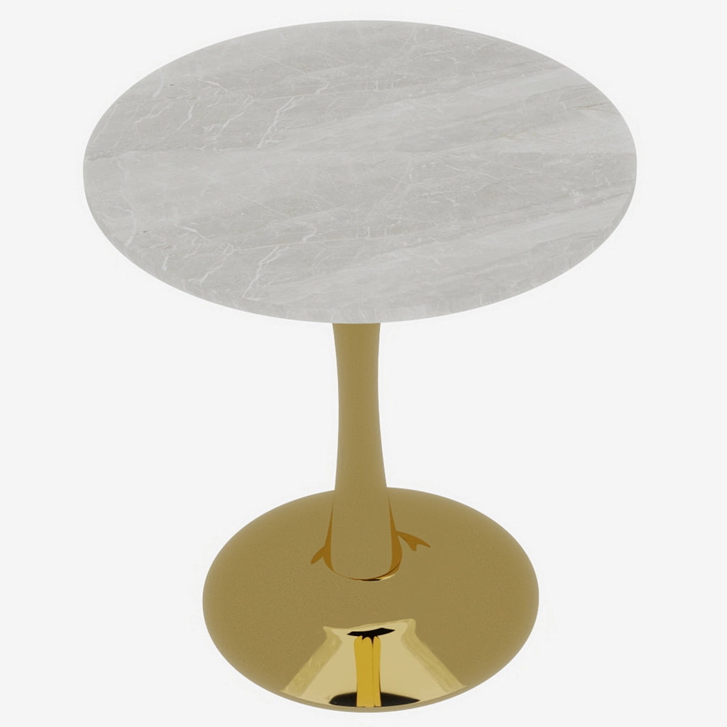 Tavolino rotondo moderno in marmo artificiale, colore oro e bianco