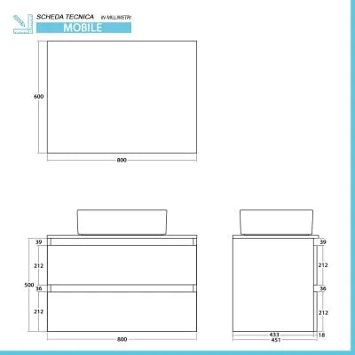 Mobile bagno sospeso 80 cm ossido e noce con top lavabo e specchio Kleo