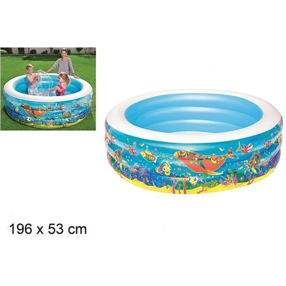Trade Shop - Piscina Rotonda Gonfiabile Per Bambini 196x53 Cm A 3 Anelli Fantasia Pesci 016133 -