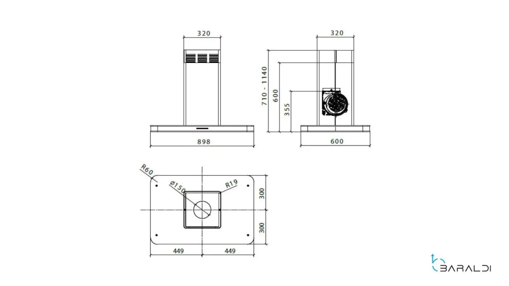 CAPPA STIVIA ISOLA cm 90X60 - Inox, Nero - 800 m3/h