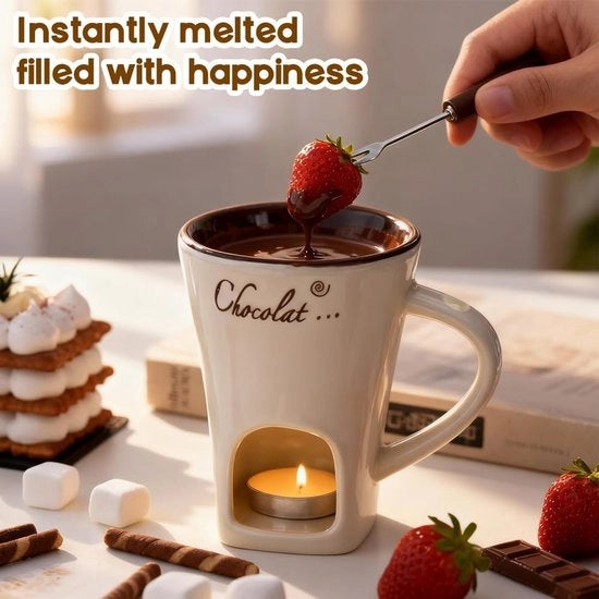 Fonduta di cioccolato - Bicchiere in ceramica 200 ml - Fork - Luce a LED - Resistenti al lavastoviglie - Capacità di riscaldamento - Bicchiere per fonduta