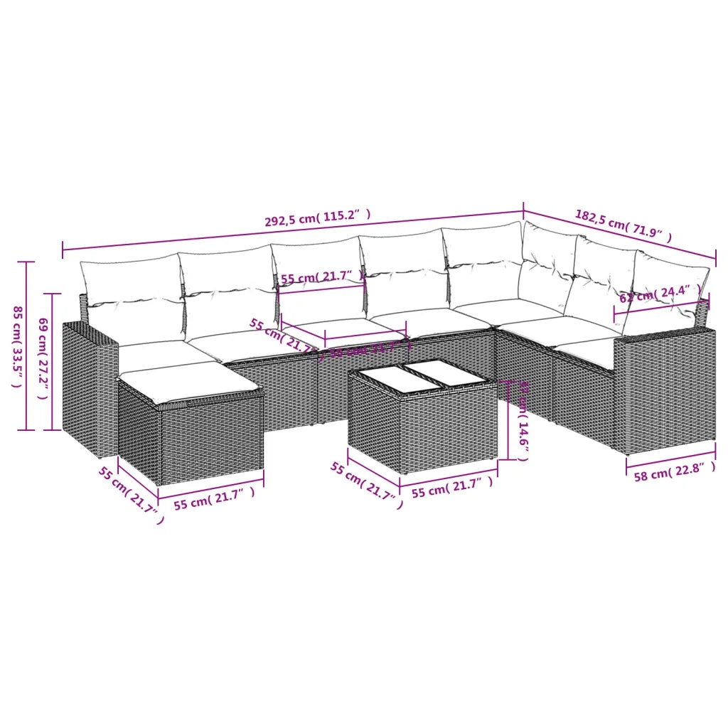 Set Divano da Giardino 9 pz con Cuscini Beige in Polyrattan 3251706