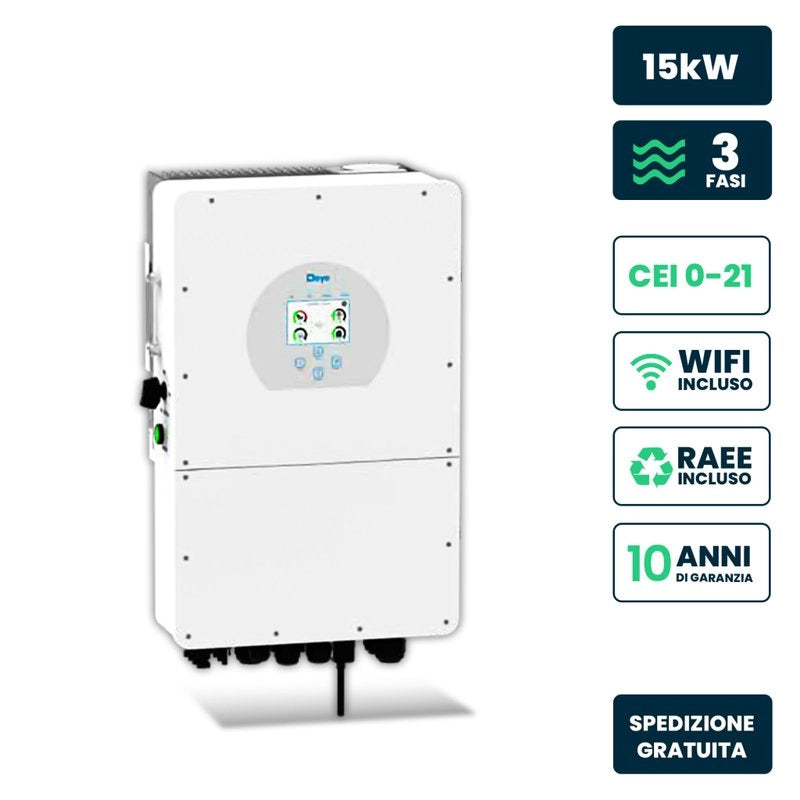 Inverter Fotovoltaico Deye Trifase Ibrido ALTA TENSIONE On-Grid/Off-Grid 15kW CEI 0-21, Schermo LCD Touch a Colori, Smart Meter Integrato, WiFi e TA, Garanzia 10 Anni IP65 SKU-12169
