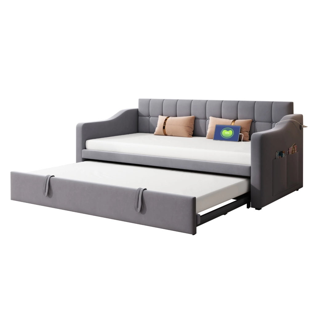 Letto divano 2 in 1 imbottito velluto grigio 90x190 cm