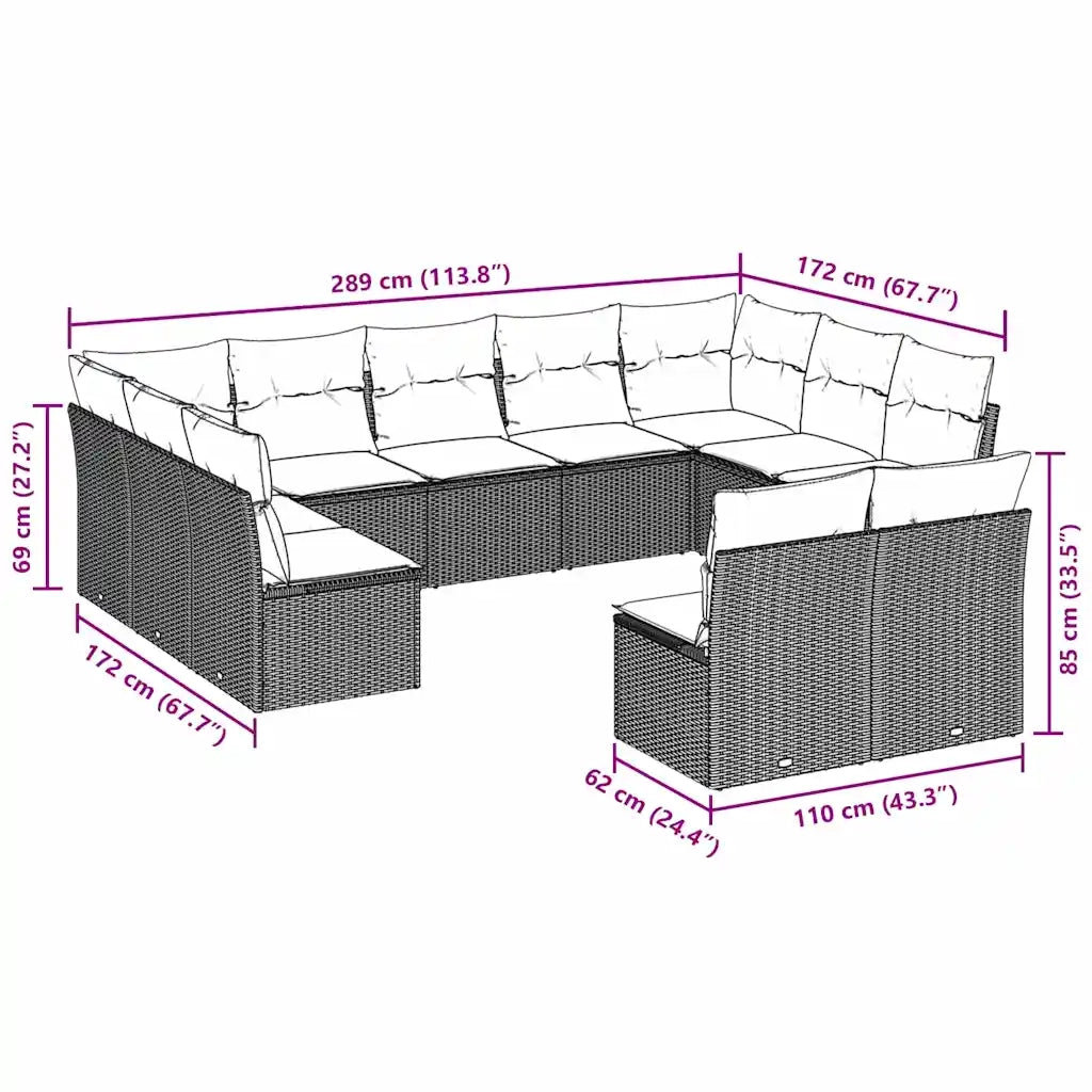 Set Divani da Giardino 11 pz con Cuscini in Polyrattan Grigio 3250191