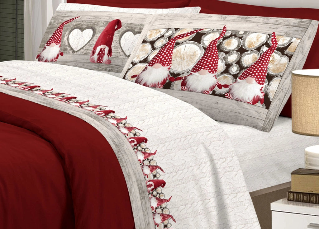 Completo Lenzuola Linea Pensieri Delicati 100% Cotone Disegno Gnomi - Matrimoniale - Rosso