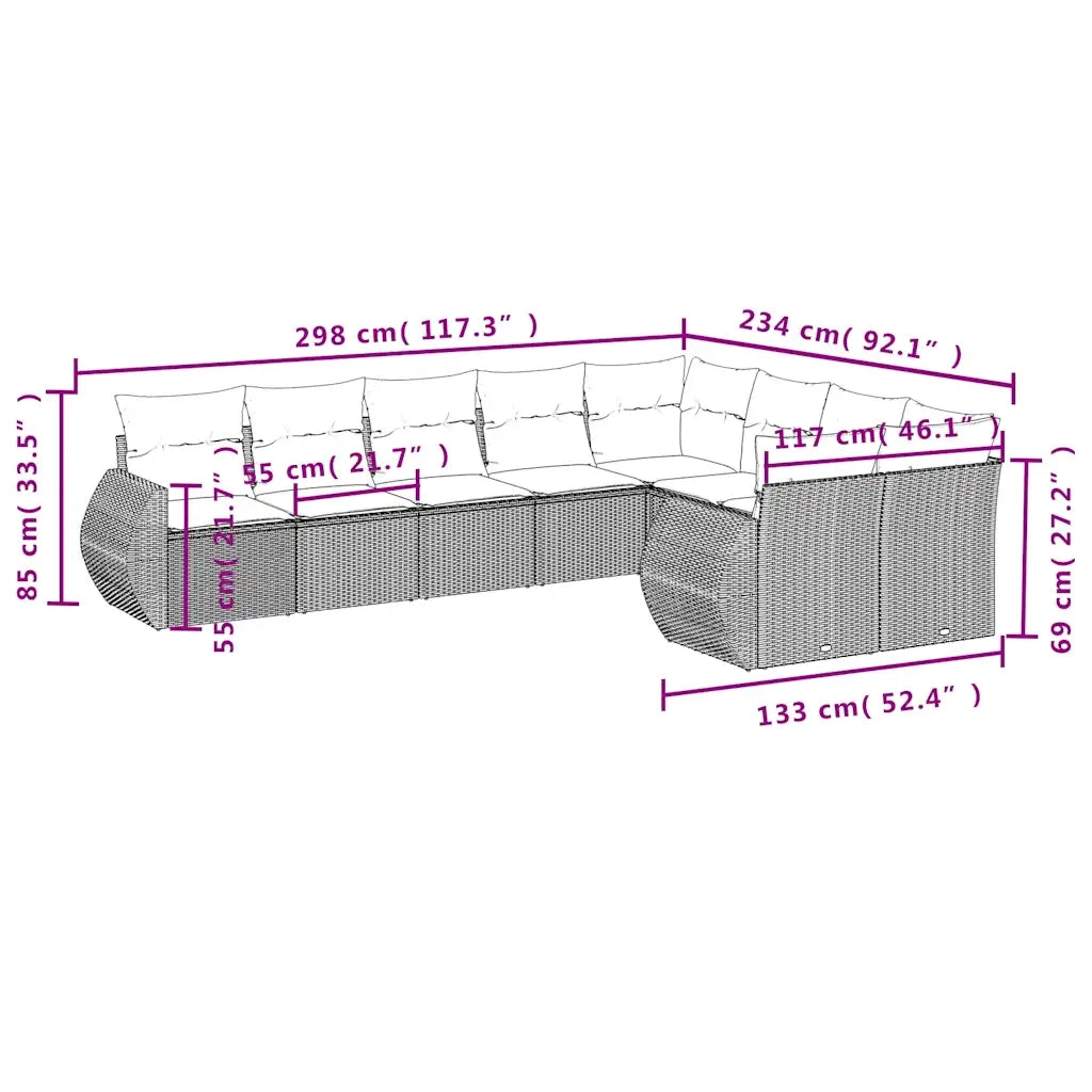 Set Divano da Giardino 9pz con Cuscini Grigio Chiaro Polyrattan