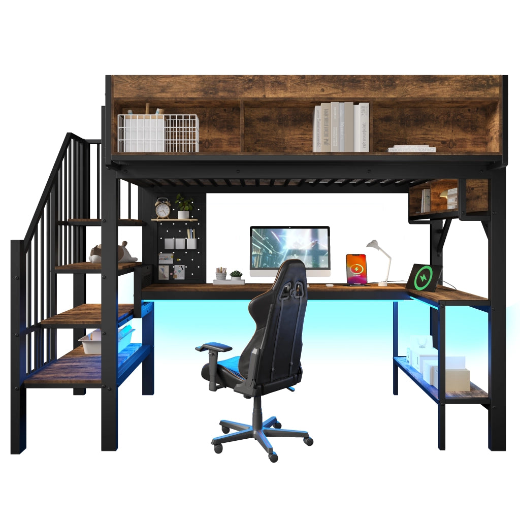 Letto a Soppalco con Scrivania e LED ¨C MINIMAL ¨C 90x200, Legno, Nero, Presa USB