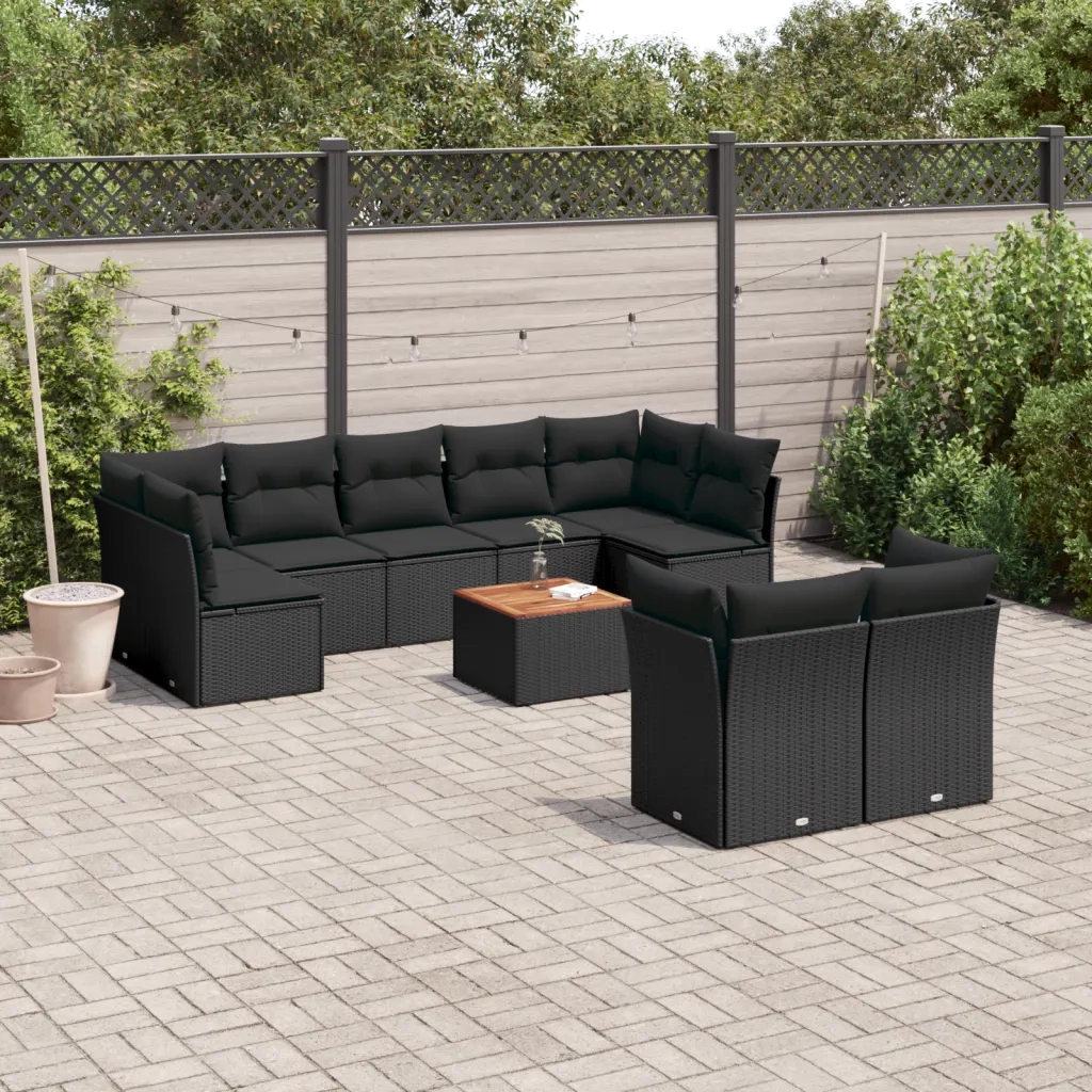 Set Divani da Giardino 10pz con Cuscini in Polyrattan Nero 3223808