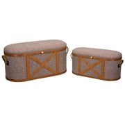 Baule legno tessuto beige grigio ovale set 1-2 — grande cm 90×40×h45