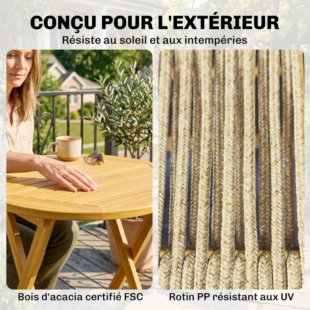 Tavolo da pranzo rotondo allungabile con 2 sedie pieghevoli ¨C Minimal ¨C Legno di acacia, corda PP naturale
