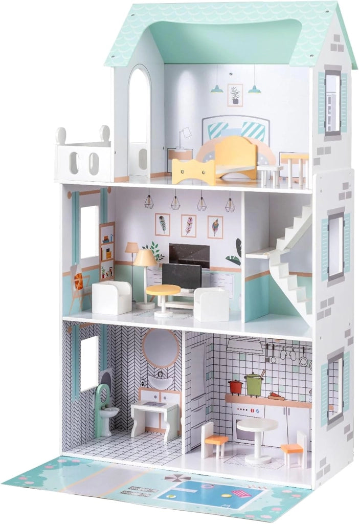 Casa delle Bambole a 3 Piani in Legno, Casa Barbie con Scale e 17 Pezzi di Mobili Completi, Villa da Principessa Fai-da-Te Giocattolo per Bambini 3+ Anni, 74,5 x 63 x 120,5 cm (Rosa)