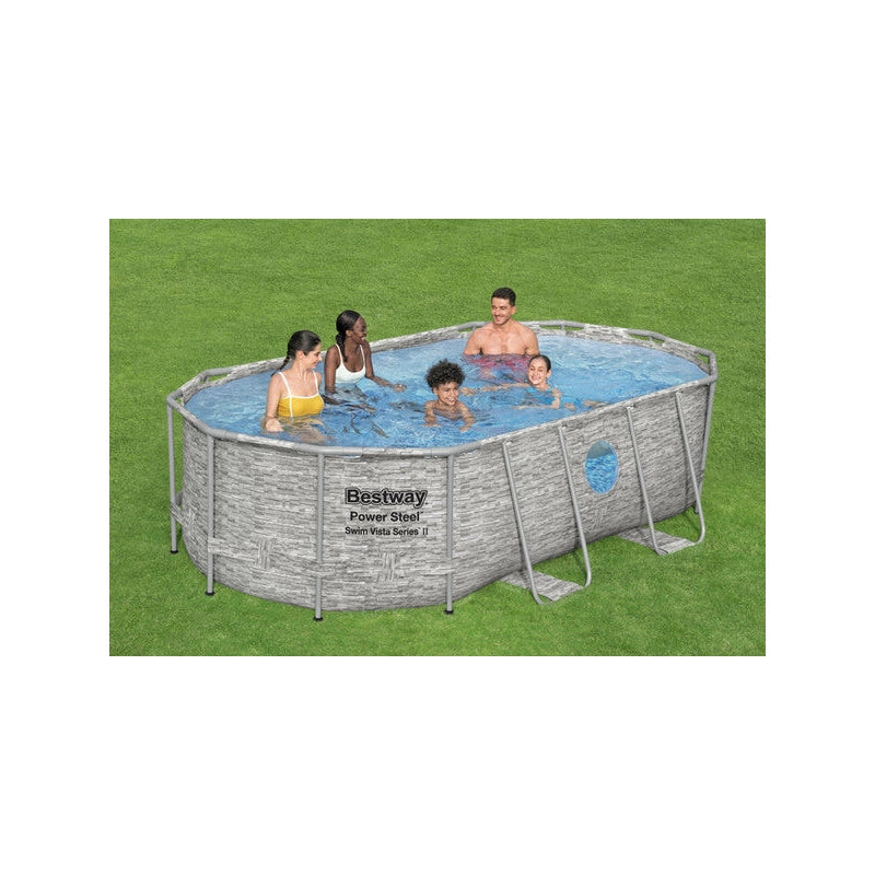 Piscina fuori terra ovale effetto rattan con oblò laterali, 427x250x100 cm con pompa filtro scaletta e copertura - Bestway