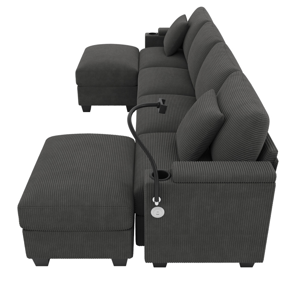 Sistema modulare divano angolare con funzione letto - Zephmum- USB e supporto smartphone, Grigio