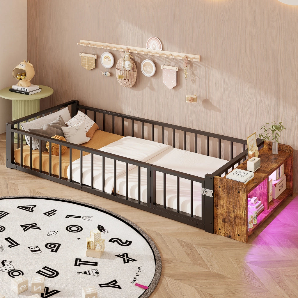 LETTO 90x200 cm in metallo e MDF con sponda, vano aperto e LED, nero
