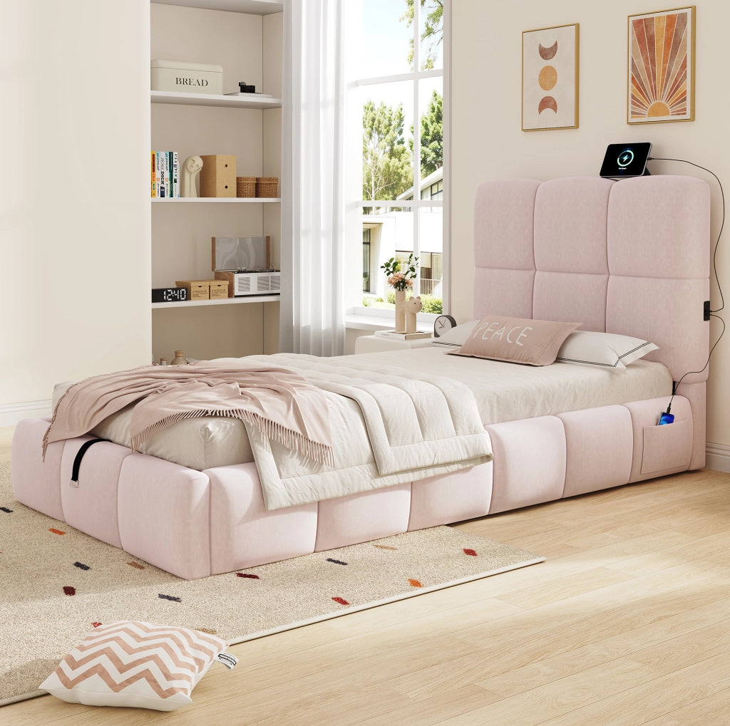 Letto singolo 90x200 cm con contenitore; rete a doghe e USB C; velluto rosa