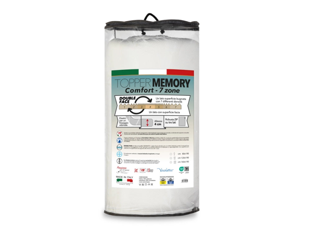 Topper Memory Materasso Sfoderabile Con Elastici Agli Angoli 7 Zone Altezza 4cm - Matrimoniale - Altezza 4cm