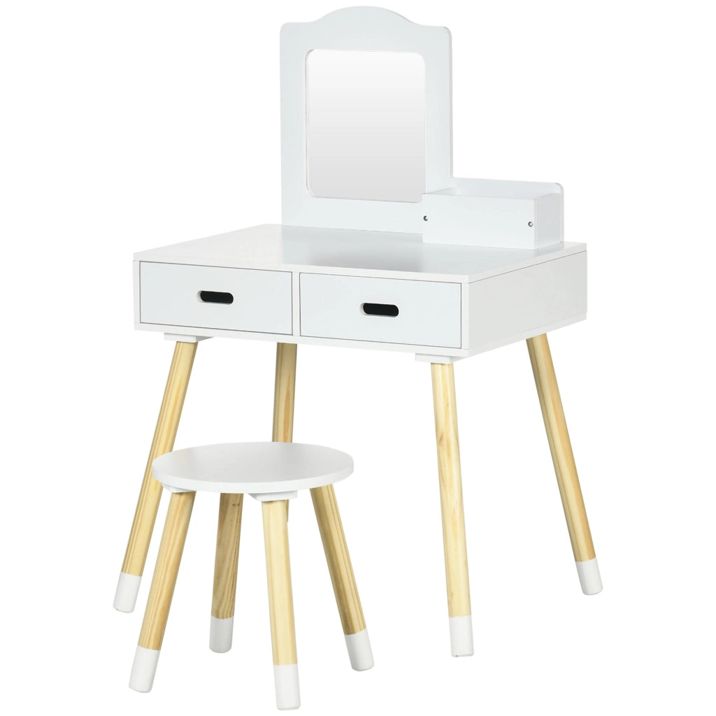 Toeletta per Bambini con Tavolo Trucco, Sgabello, Specchio e Cassetti ¨C Minimal ¨C Bianco e Legno