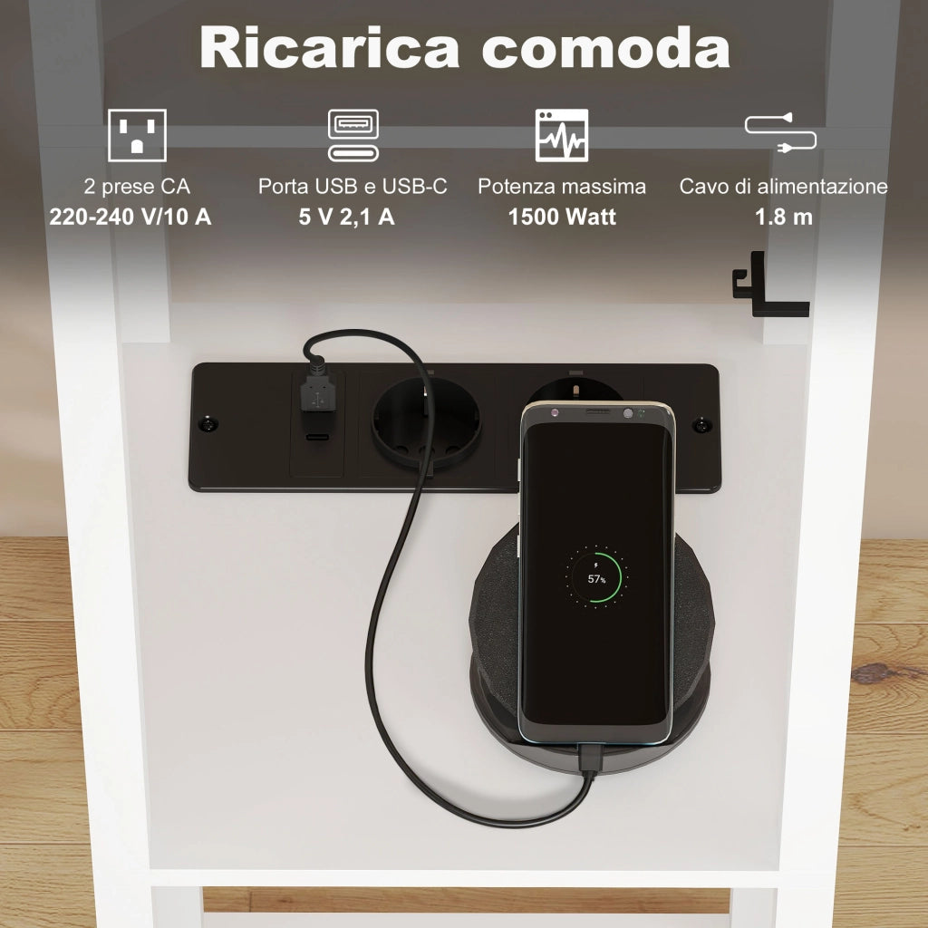 Lampada da Terra con Ripiani, Luce Regolabile, Interruttore a Pedale e Porte USB, Bianco