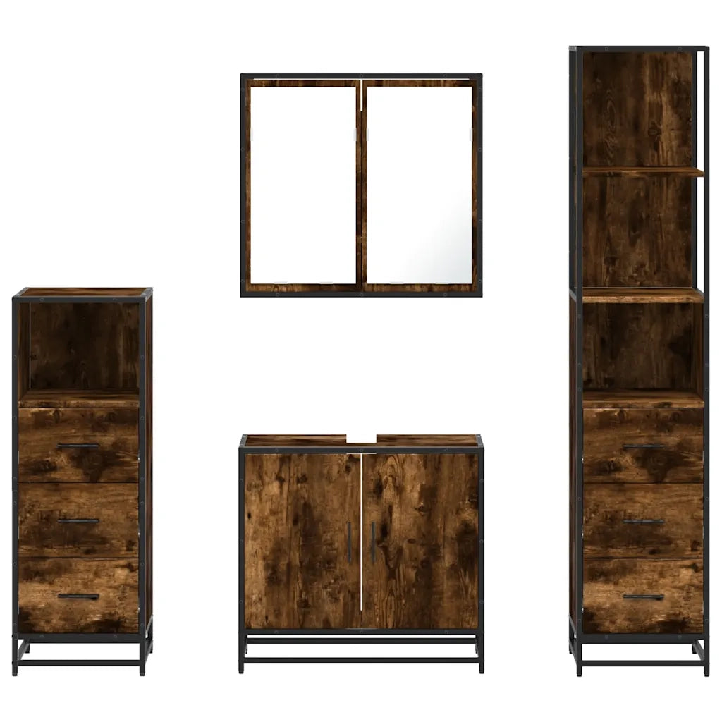 Set Mobili da Bagno | Armadio da bagno 4 pz Rovere Fumo in Legno Multistrato