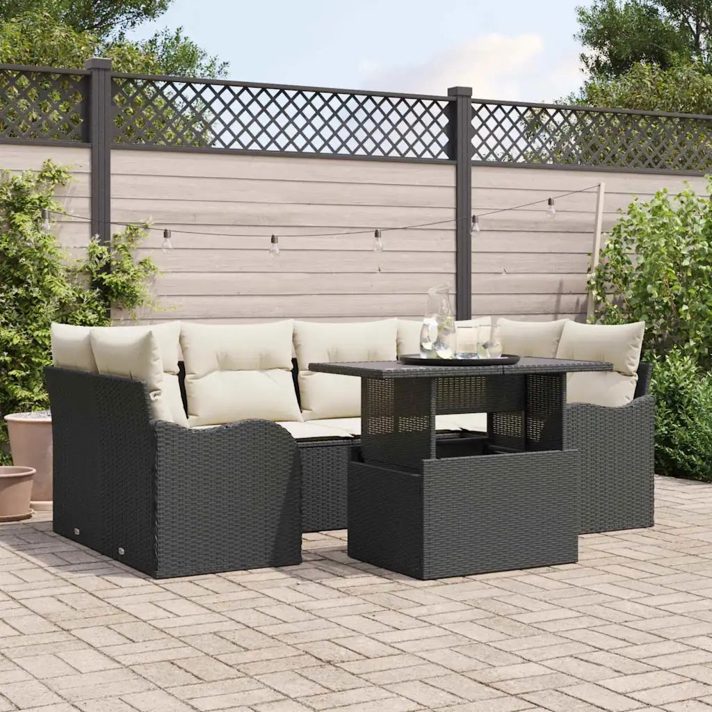 Set Divano da Giardino con cuscino 7 pcs Nero Poly Rattan