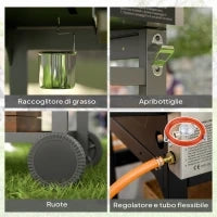 Barbecue a Gas con Piastra e Fornello, Coperchio con Termometro e Ripiani, Regolatore e Tubo Inclusi, Nero