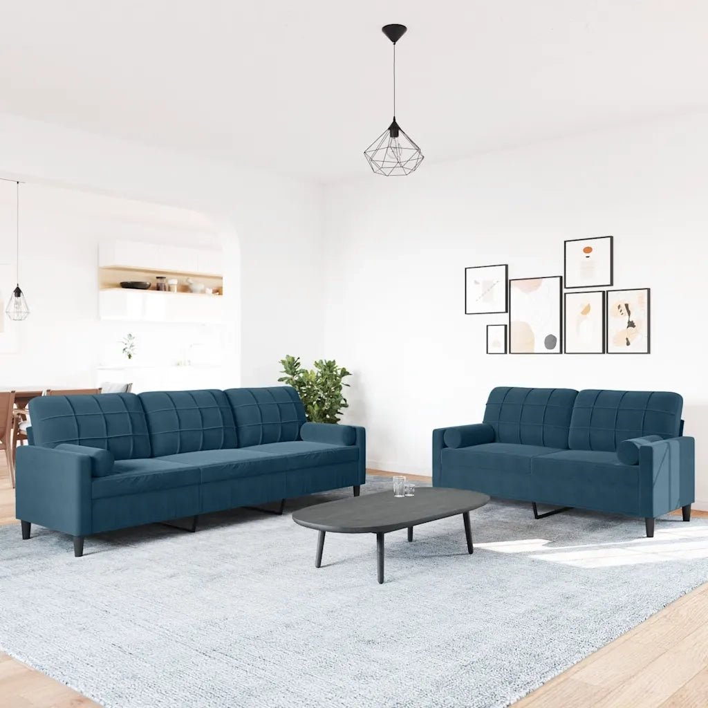 Set di Divani 2 pz con Cuscini e Rinforzi Blu in Velluto