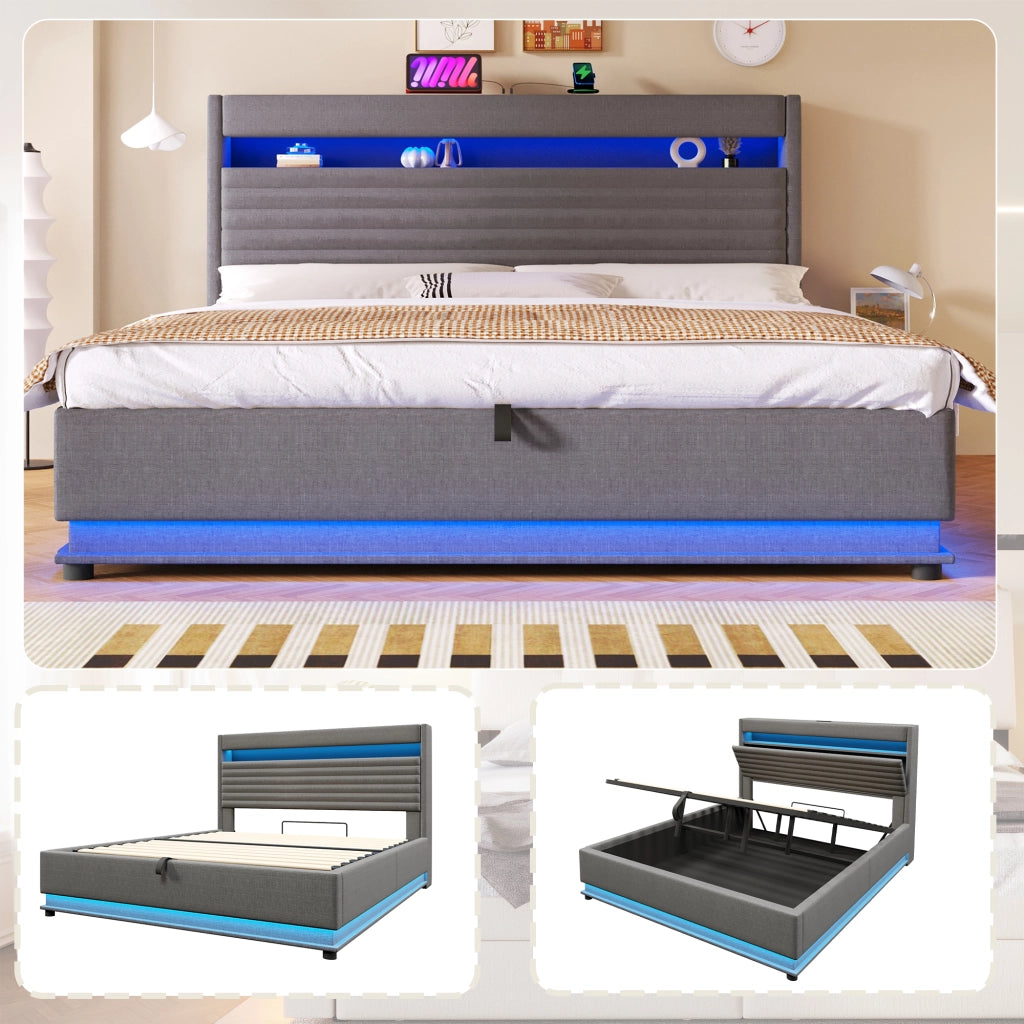 LETTO imbottito 180x200 cm in lino grigio con USB Type-C e LED, senza materasso