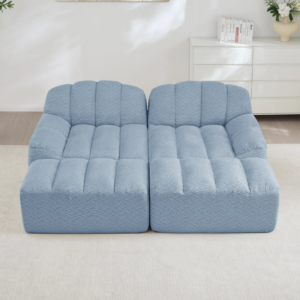 Divano modulare 2 posti con 2 pouf componibili e design ergonomico in tessuto blu