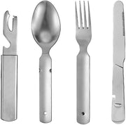 Set di cucito per campeggio 4 pezzi - Acciaio inossidabile - Coltello/Fork/Lettore di lattine/Apri lattine - Duraturo - Per campeggio/Survival - Set di cucito