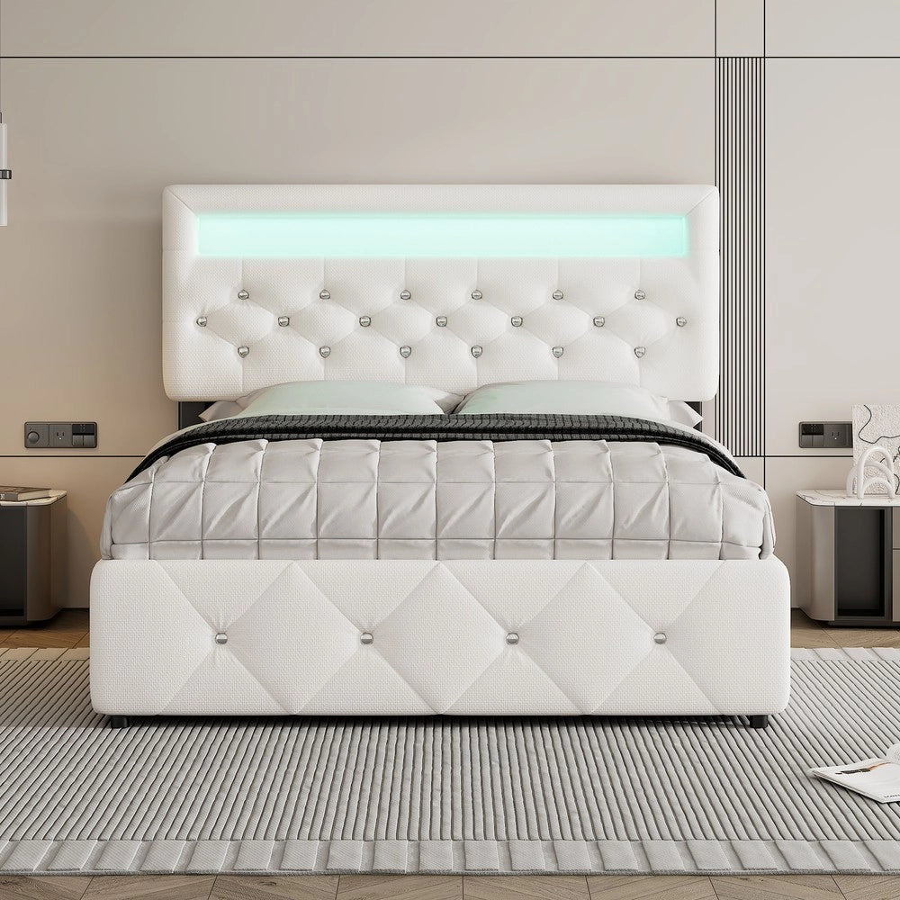 Letto Imbottito Contenitore con Cassetti e Comodino LED ¨C MINIMAL ¨C Bianco 140x200