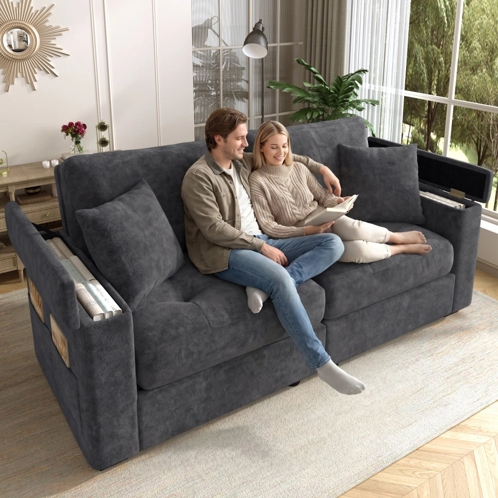 Divano a 2 posti con contenitore nei braccioli e tasche laterali, cuscini inclusi, in chenille grigio scuro