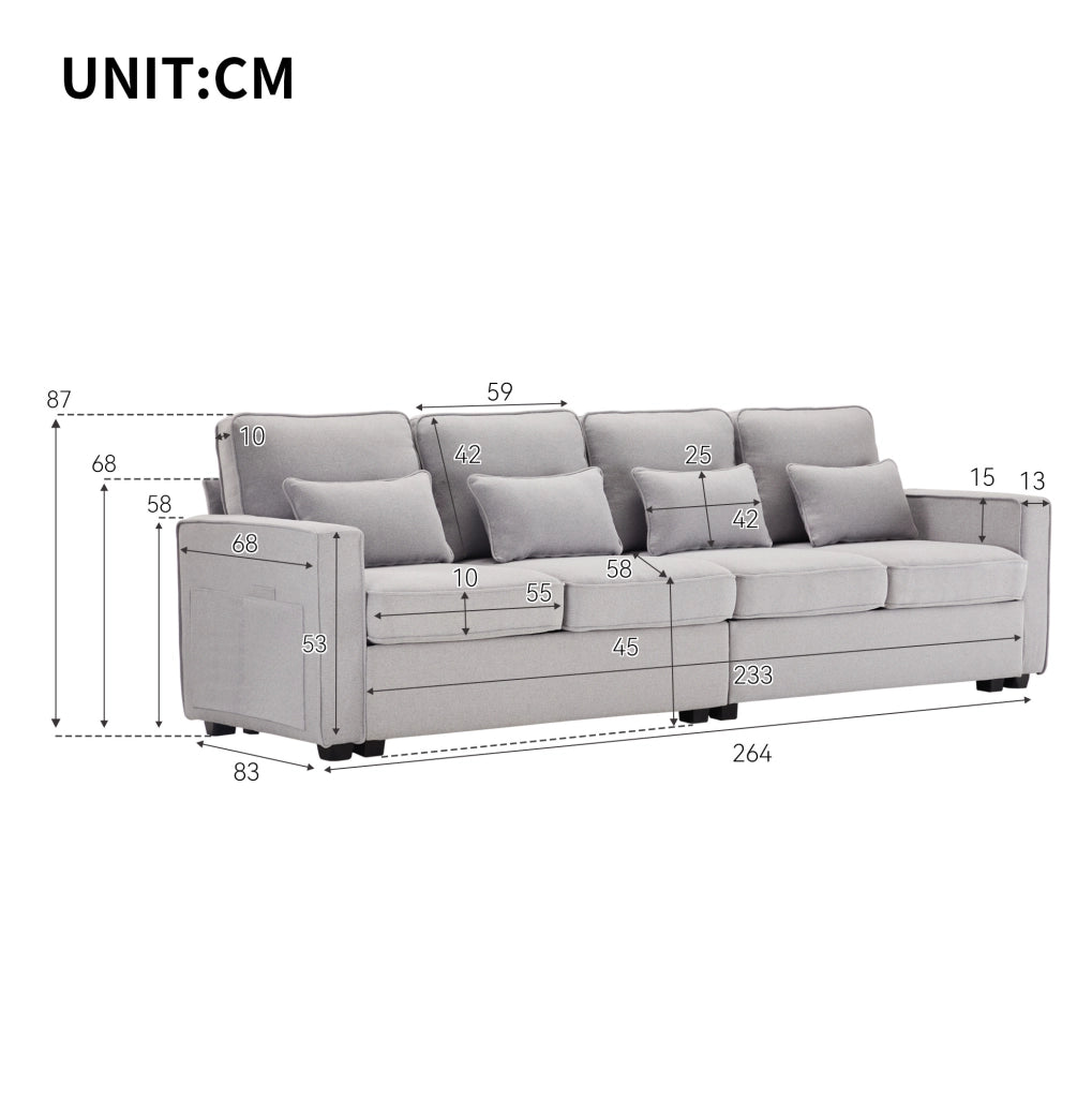 Divano 4 posti in tessuto effetto lino con tasche bracciolo e 4 cuscini; grigio; 264 cm