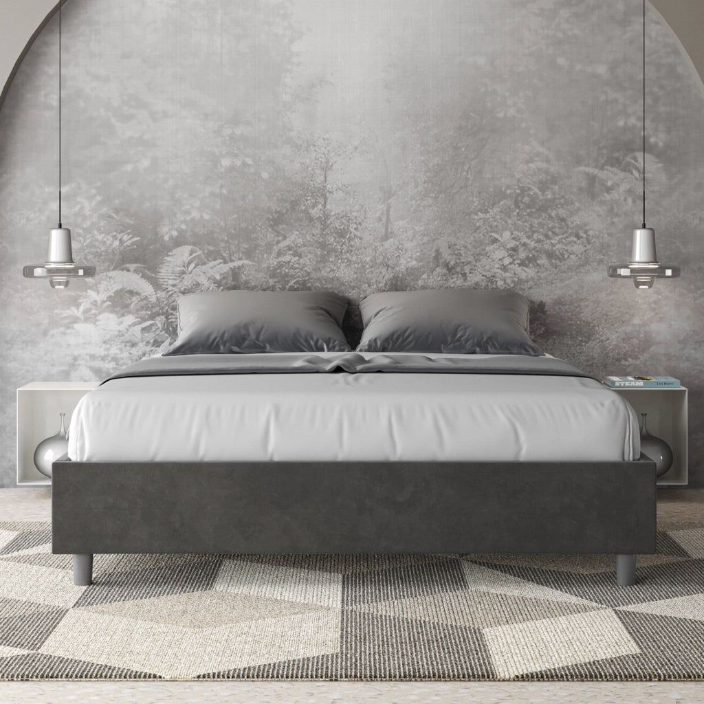 BS COM Letto queen size con rete imbottito 150x190 microfibra grigio