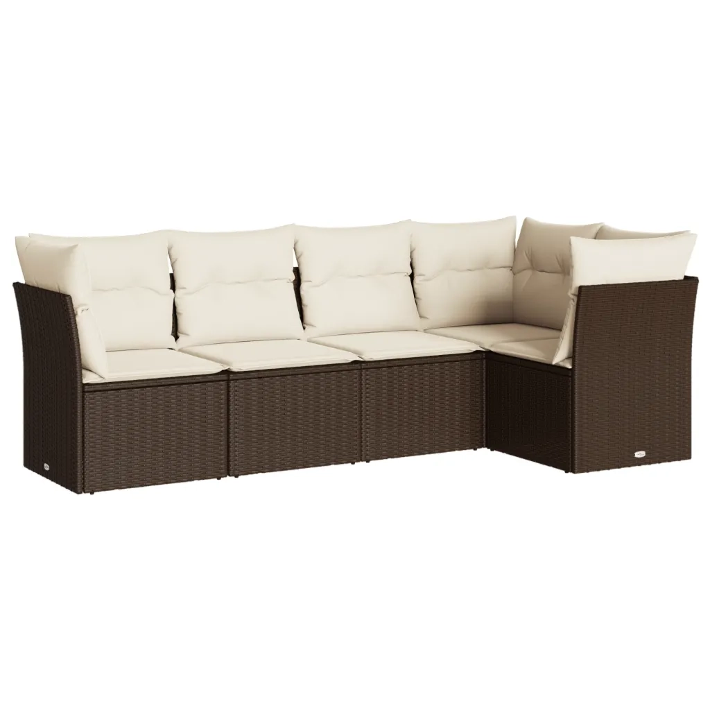 Set Divano da Giardino 5 pz | Set Salotto da Giardino con Cuscini Marrone in Polyrattan