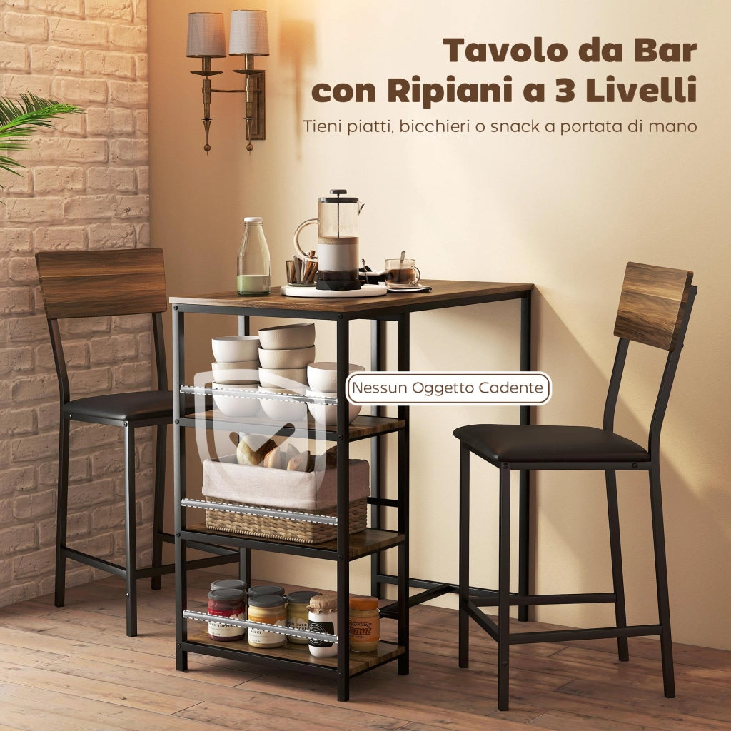 Tavolo da bar con sgabelli ¨C zephmum ¨C 3 ripiani, legno e acciaio, nero e noce