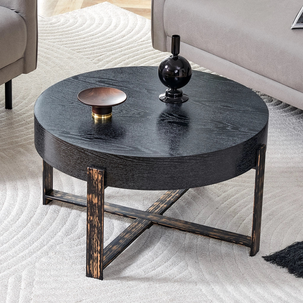 TAVOLINO ROTONDO DA SALOTTO 68 cm Nero in MDF e Metallo