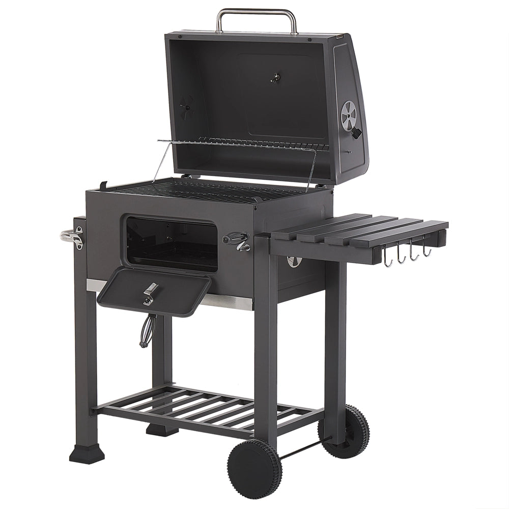 Barbecue a carbonella con ruote da giardino coperchio 2 griglie 2 ripiani termometro