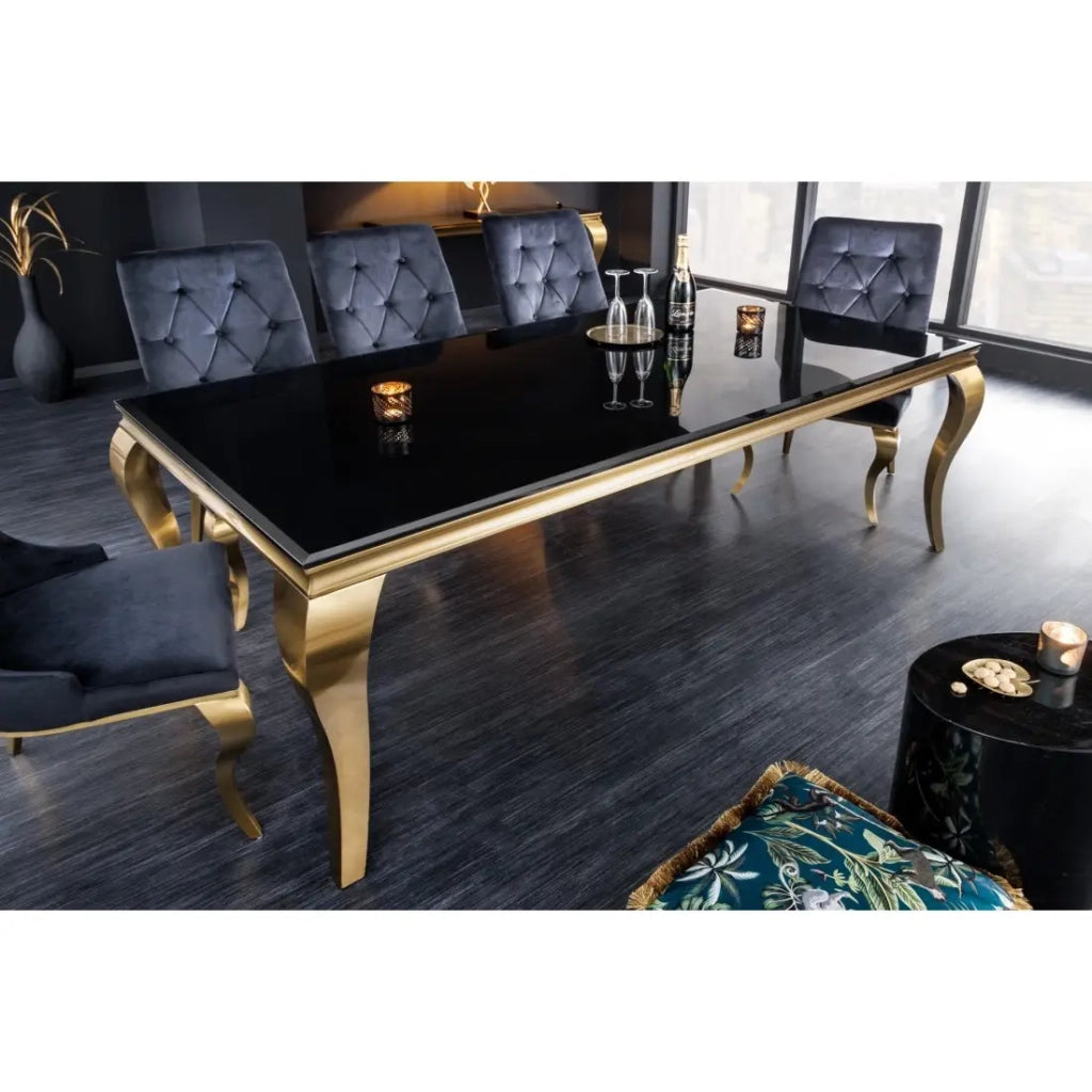 Tavolo da pranzo VELENA 180 cm – Piano in vetro nero e struttura in acciaio dorato – Eleganza barocca e design moderno