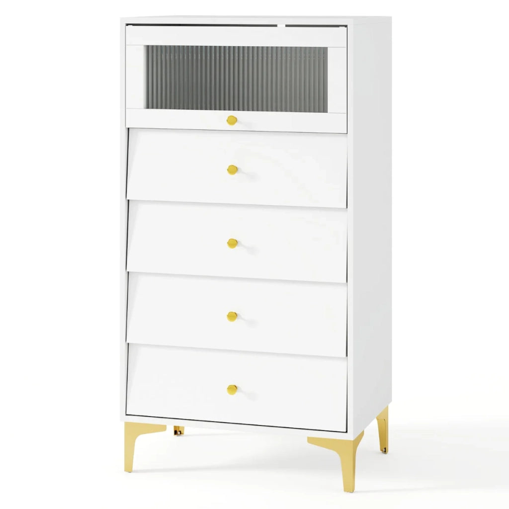Cassettiera a 4 cassetti con anta in vetro a battente 60 x 40 x 112,5 cm spazio di archiviazione ottimale stile moderno legno bianco 20_0011542
