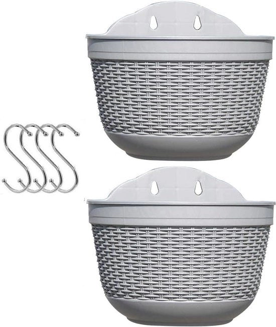 Set di vasi per piante appesi da 2 - Grigio - Con drenaggio e 4 ganci