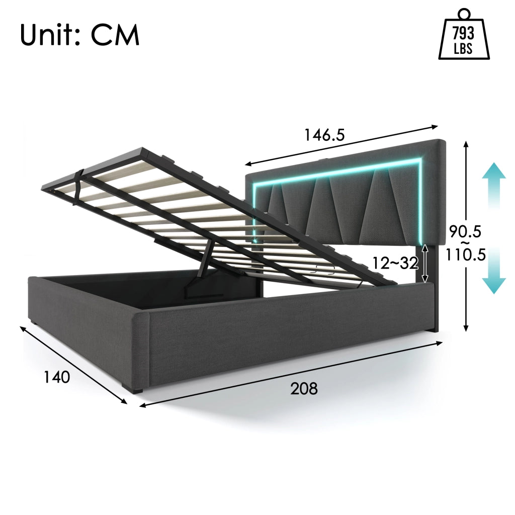 Letto Contenitore Imbottito LED ¨C MINIMAL ¨C 140x200, Tessuto, USB, Rete a Doghe