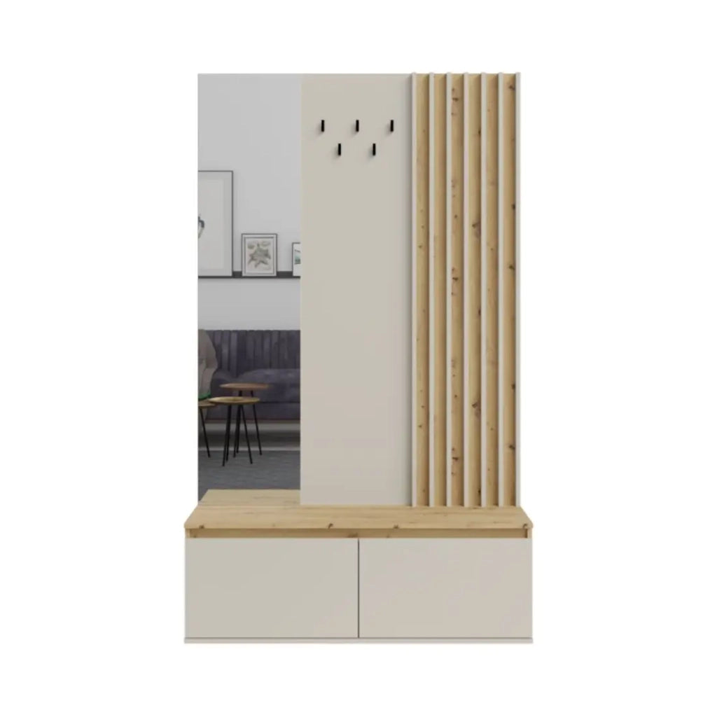 Set mobile da ingresso Mone con appendiabiti, specchio e cassettiera - Rovere chiaro e beige cachemire