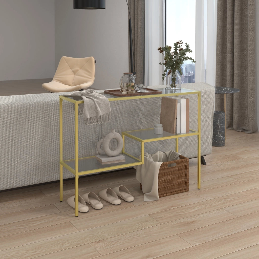 EasyComfort Consolle da Ingresso a 3 Ripiani in Acciaio e Vetro Temperato, 100x32x76 cm, Oro