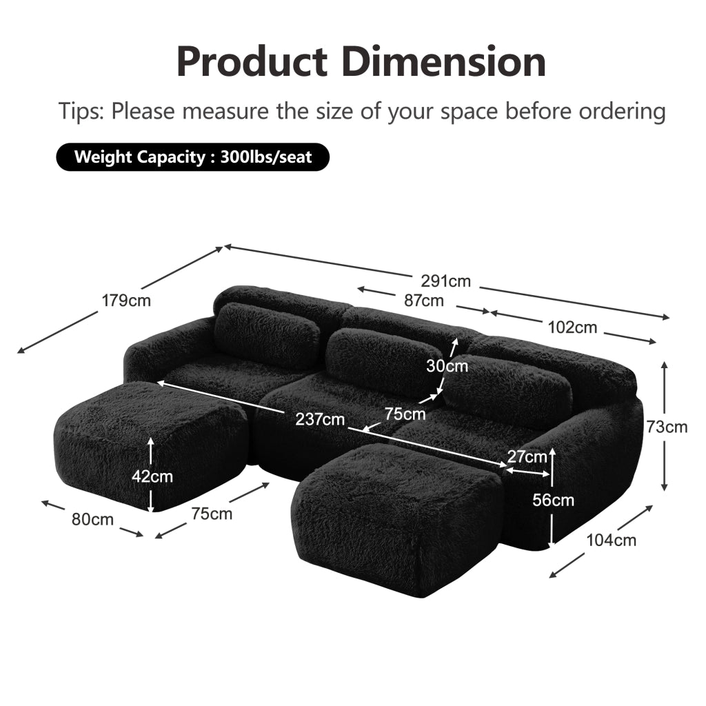 Divano Modulare a U 2-4 Posti senza Montaggio con Pouf e Cuscini; Base Antiscivolo in Peluche Nero