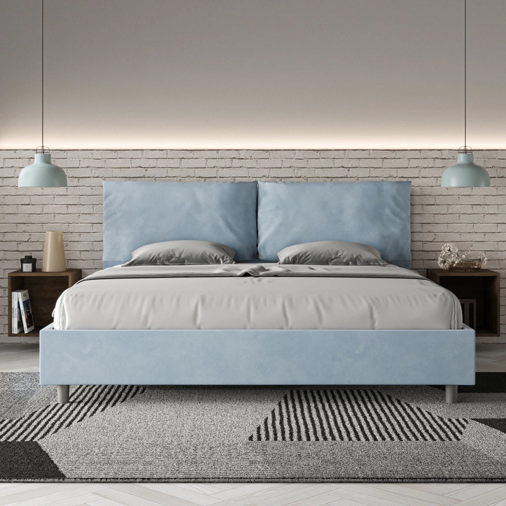 Letto Matrimoniale King Size 200x210 cm con Rete e Contenitore Imbottito in Microfibra Antea Large Azzurro