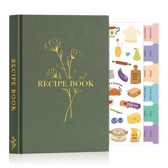 Libretto di Ricette A5 - Cucina Blanco - Copertina in Pelle - Impermeabile - 70 Ricette - Etichette per l'Organizzazione - Giornale di Cucina