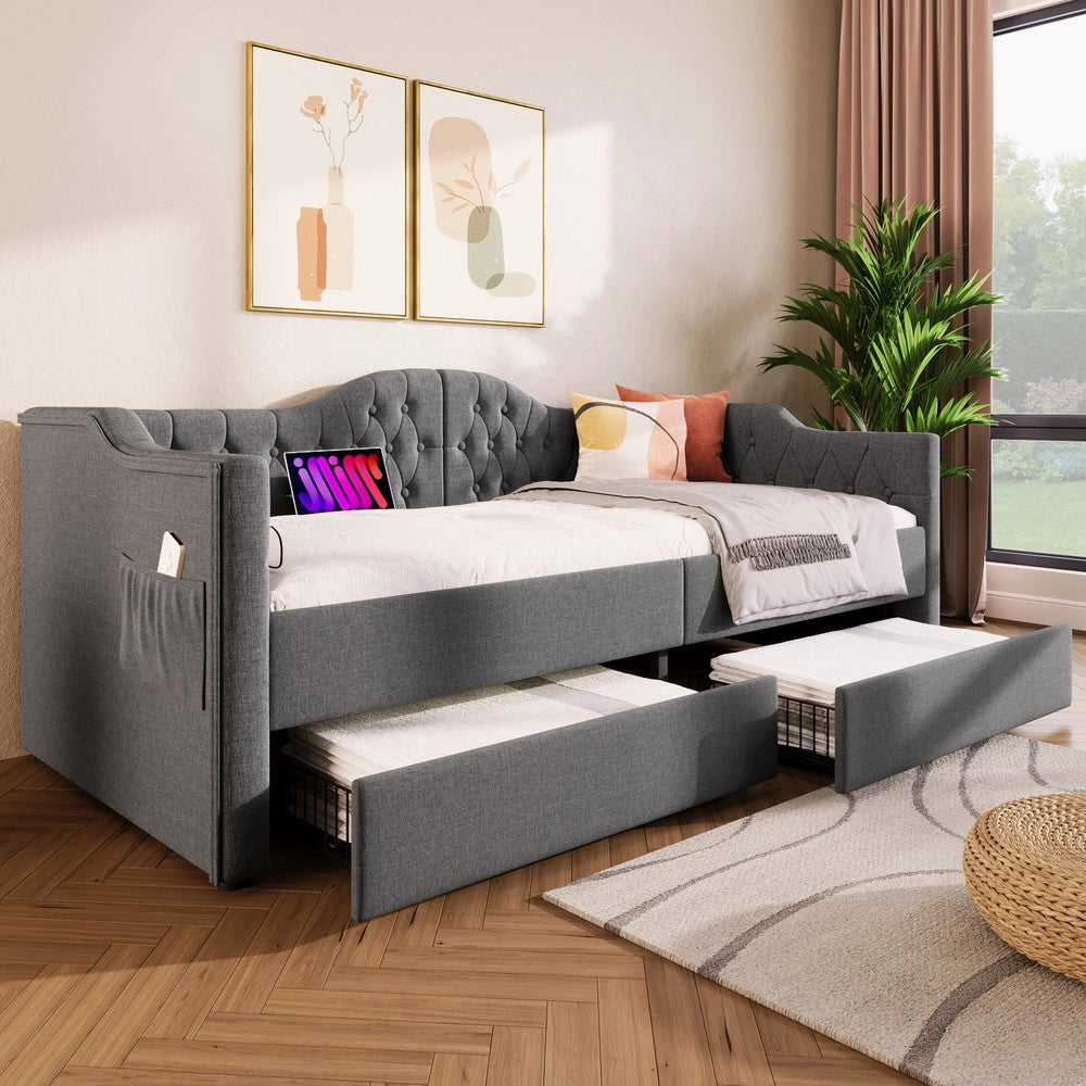 Letto Imbottito con Cassetti e USB ¨C MINIMAL ¨C Grigio, 90x190