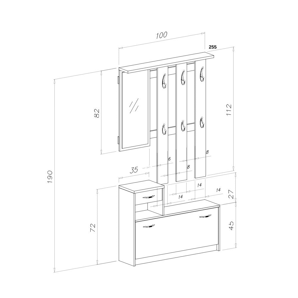 Mobile ingresso Rudolf con scarpiera colore beton e bianco 100x25,5x190