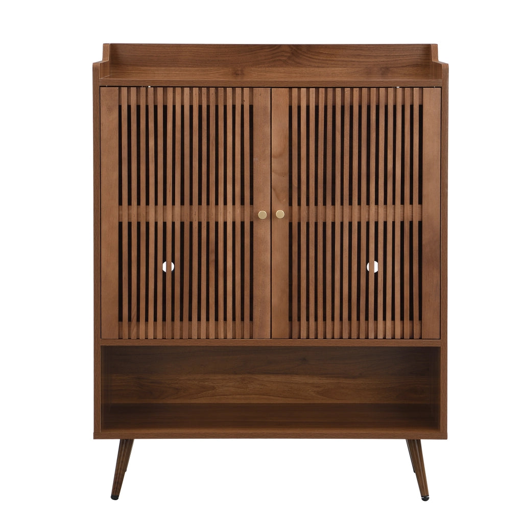Scarpiera con 2 ante e vano aperto; ripiano fisso - per ingresso - in MDF e metallo - 80×35×105 cm - noce